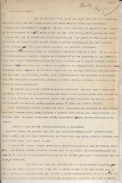 [Carta] 1951 abril, Abrantes, Portugal [a] Gabriela Mistral  [manuscrito] Álvaro Leal de Campos Diogo.