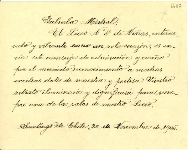 [Tarjeta] 1945 nov. 20, Santiago [a] Gabriela Mistral  [manuscrito] Liceo No 4 de Niñas.