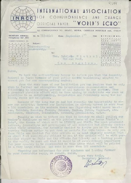 [Carta] 1946 Sept. 1, Rome, [Italia] [a] Gabriela Mistral, Los Angeles, [EE.UU.]  [manuscrito] De la Secretary General of the International Association for Correspondence and Change.
