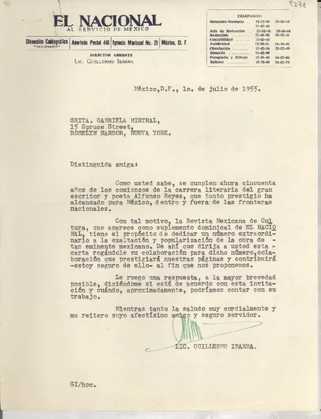 [Carta] 1955 jul. 1, México D. F. [a] Gabriela Mistral  [manuscrito] Guillermo Ibarra.