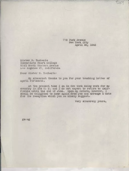 [Carta] 1946 Apr. 30, New York City, [EE.UU.] [a] Sister M. Eucharia, Los Angeles, California, [EE.UU.]  [manuscrito] [Gabriela Mistral].