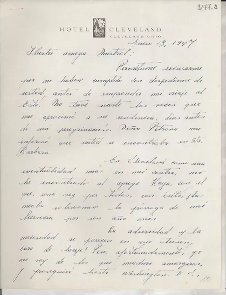 [Carta] 1947 ene. 13, Cleveland, Ohio, [Estados Unidos] [a] Gabriela Mistral  [manuscrito] E. Delhante.