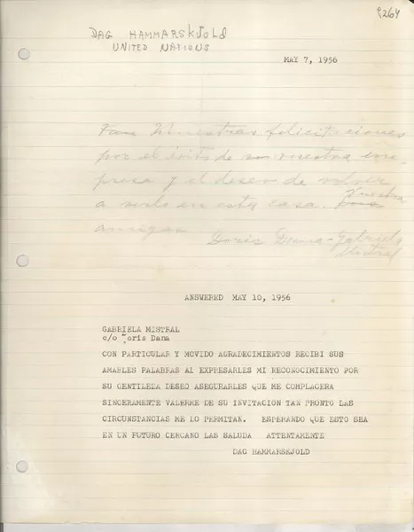 [Carta] 1956 May 10, [EE.UU.] [a] Gabriela Mistral  [manuscrito] Dag Hammarskjold.