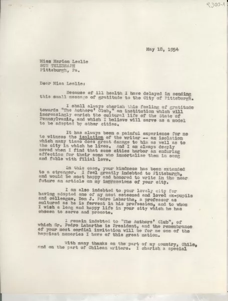 [Carta] 1954 May 18, New York, [EE.UU.] [a] Marion Leslie, Pittsburgh, [EE.UU.]  [manuscrito] Gabriela Mistral.