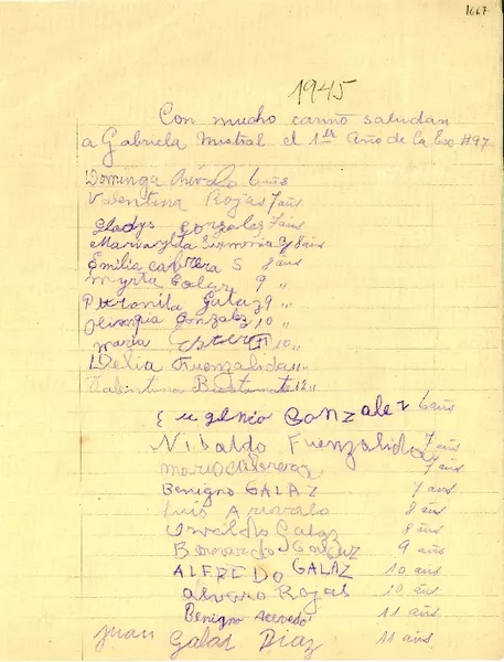 [Carta] [1945], [Chile] [a] Gabriela Mistral  [manuscrito] El 1er Año de la Esc[uela] #97.