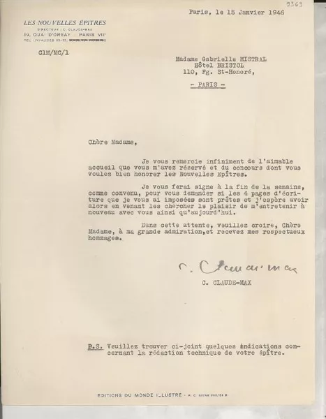 [Carta] 1946 janv. 15, Paris, [Francia] [a] Gabriela Mistral, Hôtel Bristol, Paris, [Francia]  [manuscrito] C. Claude-Max.