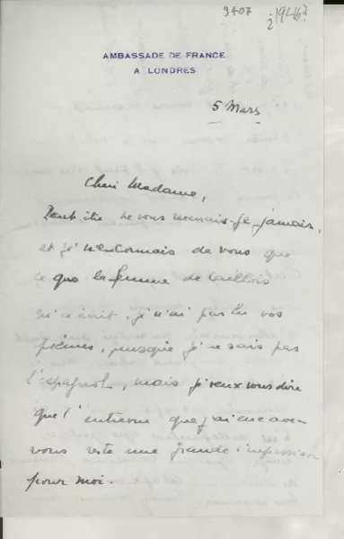 [Carta] [1946?] mars 5, Londres, [Inglaterra] [a] [Gabriela Mistral]  [manuscrito] Geneviève Fontaine.