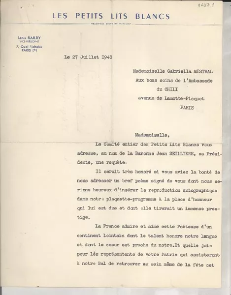[Carta] 1948 juil. 27, Paris, [Francia] [a] Gabriela Mistral, Paris  [manuscrito] León Bailby.