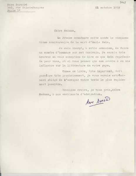 [Carta] 1952 oct. 21, Paris, [Francia] [a] [Gabriela Mistral]  [manuscrito] Marc Bernard.