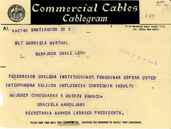 [Telegrama] 1946 mar. 2, Santiago, [Chile] [a] Gabriela Mistral  [manuscrito] Amanda Labarca, Graciela Mandujano.