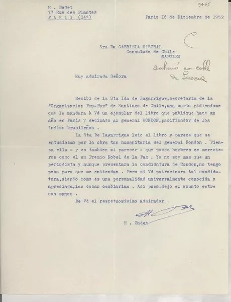 [Carta] 1952 dic. 16, Paris, [Francia] [a] Gabriela Mistral, Consulado de Chile, Nápoles, [Italia]  [manuscrito] H. Badet.