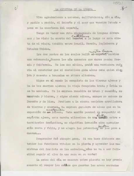 [Discurso] La aventura de la lengua  [manuscrito] Gabriela Mistral.