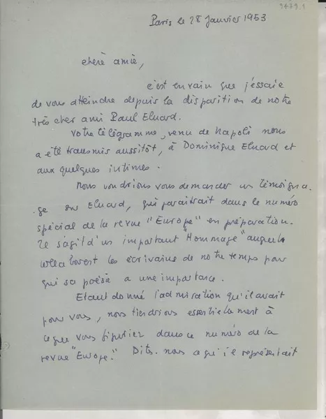 [Carta] 1953 janv. 28, Paris, [Francia] [a] Gabriela Mistral  [manuscrito] Alice Ahrweiler.