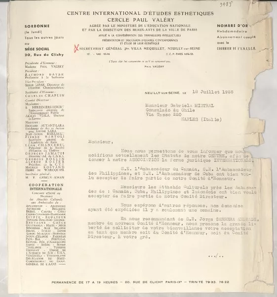 [Carta] 1955 juil. 18, Neuilliy-sur-Seine, Paris, [Francia] [a] Gabriela Mistral, Naples, Italie  [manuscrito] Centre International D'Études Esthétiques Cercle Paul Valéry.