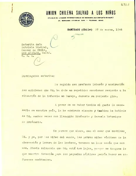 [Carta] 1946 mar. 27, Santiago, Chile [a] Gabriela Mistral, Los Angeles, Calif[ornia], EE.UU.  [manuscrito] Carmen Cousiño de Eyzaguirre ... [et al.].
