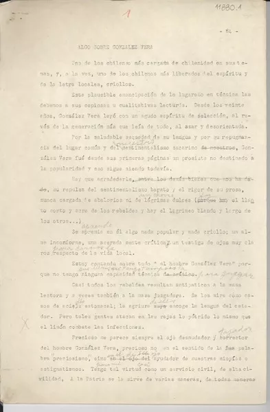 Algo sobre González Vera  [manuscrito] [Gabriela Mistral].