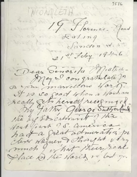 [Carta] 1946 Feb. 21, London, [England] [a] [Gabriela] Mistral  [manuscrito] De una admiradora.
