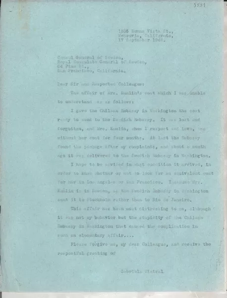 [Carta] 1946 Sept. 17, Monrovia, California, [Estados Unidos] [a] Cónsul General de Suecia en San Francisco.  [manuscrito] Gabriela Mistral.