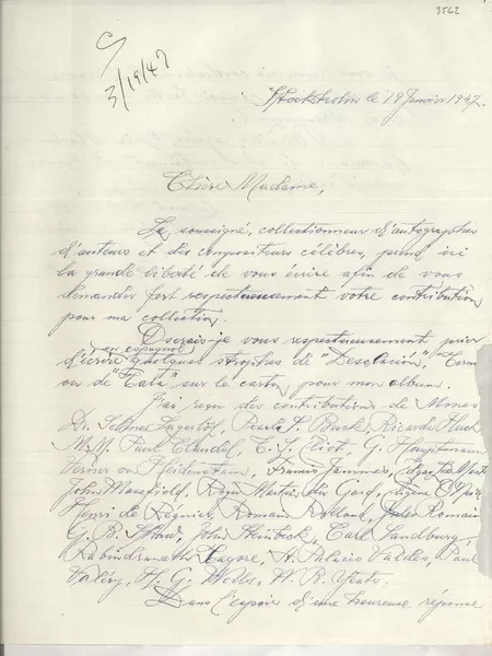 [Carta] 1947 janv. 19, Stockholm, [Sweden] [a] [Gabriela Mistral]  [manuscrito] Ernst Sobison.