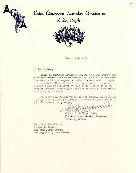[Carta] 1946 jun. 12, [Los Ángeles] [a] Gabriela Mistral, Los Ángeles  [manuscrito]Juan Pradenas M.