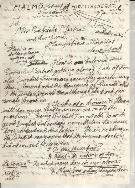 [Carta] 1957, Malmö, Sweden [a] Gabriela Mistral, Hampstead Hospital, New York  [manuscrito] Hjalmar Lind.
