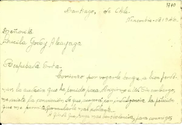[Tarjeta] 1946 nov, Santiago, Chile [a] Lucila Godoy  [manuscrito] Amada Rivera Álvarez.