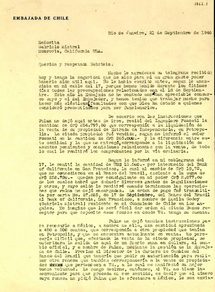 [Carta] 1946 sep. 21, Río de Janeiro [a] Gabriela Mistral, Monrovia, California  [manuscrito] Alejandro Bertrand.