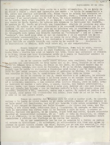 [Carta] 1951 sept. 10 [a] [Radomiro] Tomic  [manuscrito] Gabriela [Mistral].