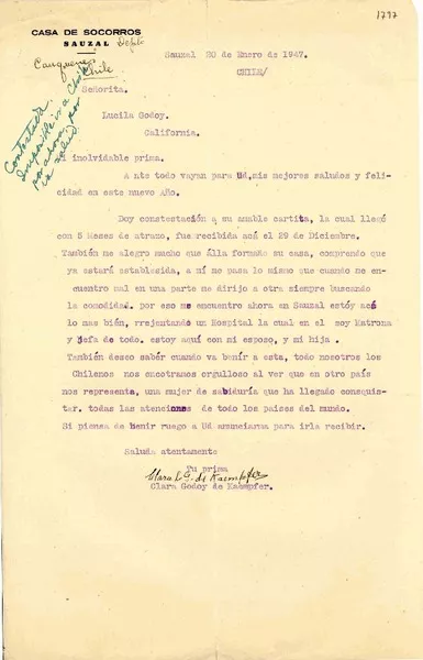 [Carta] 1947 ene. 20, Sauzal, Chile [a] Lucila Godoy, California, [EE.UU.]  [manuscrito] Clara Godoy de Kaempfer.