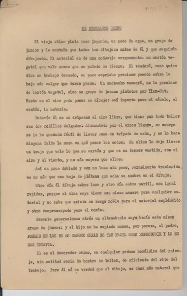 Un decorador chino  [manuscrito] Gabriela Mistral.