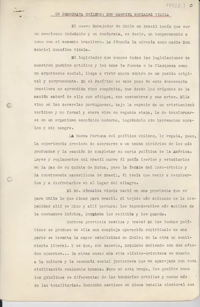 Un demócrata chileno : don Gabriel González Videla [manuscrito] Gabriela Mistral.