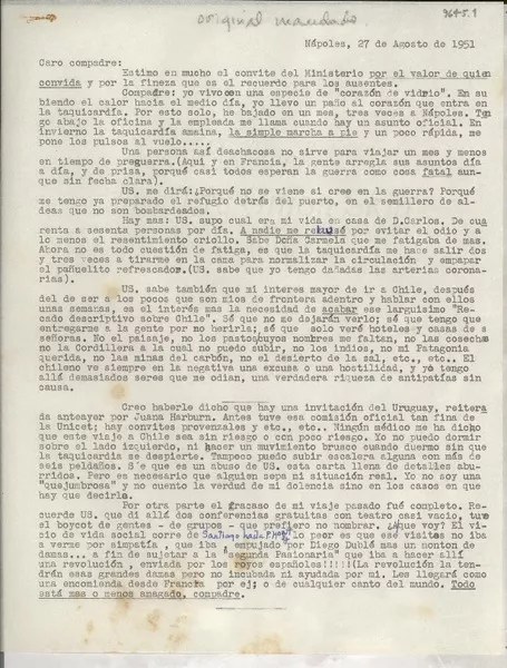 [Carta] 1951 ago. 27, Nápoles, [Italia] [a] Radomiro Tomic  [manuscrito] Gabriela Mistral.
