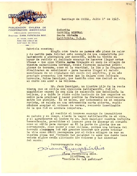 [Carta] 1947 jul. 1, Santiago, Chile [a] Gabriela Mistral, Santa Bárbara, California, EE.UU.  [manuscrito] Diana Fuenzalida Ríos.