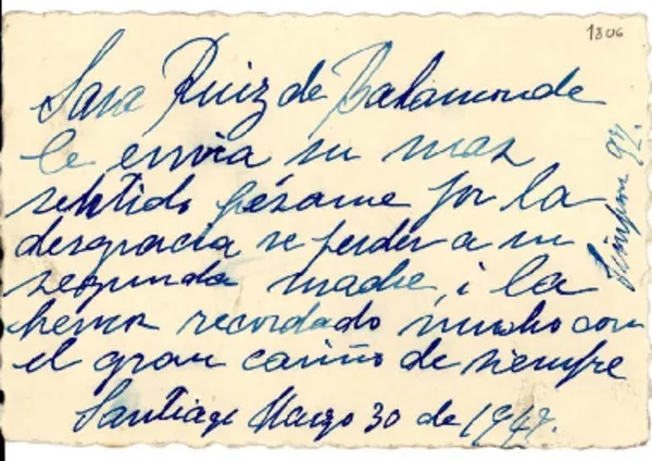 [Tarjeta] 1947 mar. 30, Santiago [a] Gabriela Mistral  [manuscrito] Sara Ruiz de Bahamonde.
