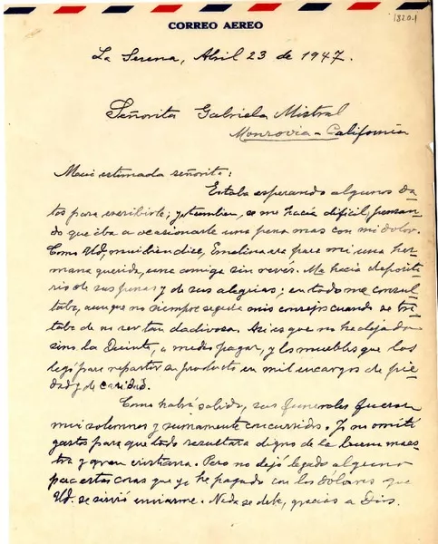 [Carta] 1947 abr. 23, La Serena [a] Gabriela Mistral, Monrovia, California  [manuscrito]