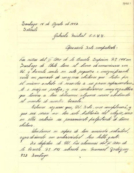 [Carta] 1947 jul. 14, Santiago, [Chile] [a] Gabriela Mistral, EE.UU.  [manuscrito] Eumelia Silva B., Rosa Kunz Riffo, Anita Krausser P.
