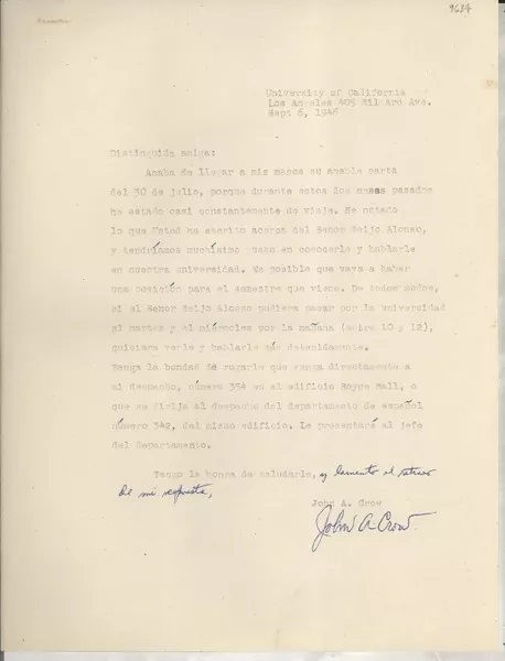 [Carta] 1946 Sept. 6, University of California, Los Angeles, [EE.UU.] [a] [Gabriela Mistral]  [manuscrito] John A. Crown.