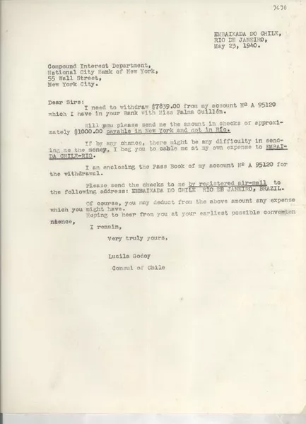 [Carta] 1940 May 23, Rio de Janeiro, [Brasil] [al] National City Bank of New York, New York city, [EE.UU.]  [manuscrito] Lucila Godoy.