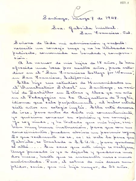 [Carta] 1948 mar. 7, Santiago, Chile [a] Gabriela Mistral, San Francisco, Cal[ifornia], [EE.UU.]  [manuscrito] Dolores Pinto de Cruz.