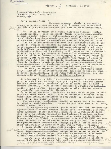 [Carta] 1952 nov. 6, Nápoles, [Italia] [a] Presidente Adolfo Ruiz Cortines, México D. F.  [manuscrito] Gabriela Mistral.
