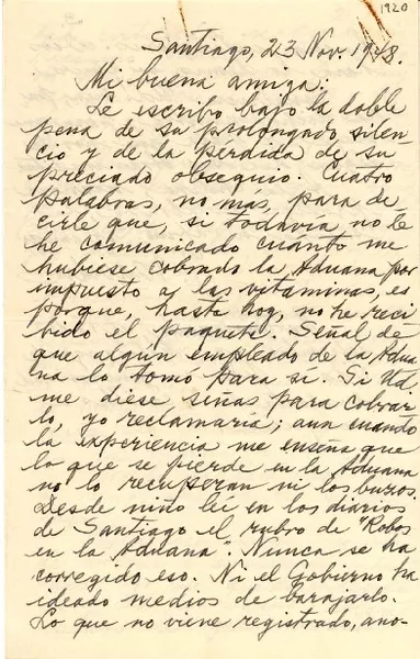 [Carta] 1948 nov. 23, Santiago, [Chile] [a] mi buena amiga [Gabriela Mistral]  [manuscrito]