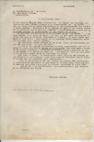 [Carta] 1945 ene. 4, Petrópolis, [Brasil] [a] Ángel Bohigas, Buenos Aires, [Argentina]  [manuscrito] Gabriela Mistral.