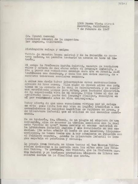 [Carta] 1947 feb. 7, Monrovia, California, [EE.UU.] [al] Cónsul General de la Argentina, Los Angeles, California, [EE.UU.]  [manuscrito] Gabriela Mistral.