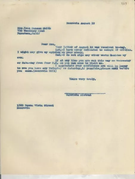 [Carta] ago. 19, Monrovia, [Estados Unidos] [a] Ione Duncan Smith, Pasadena, California  [manuscrito] Gabriela Mistral.