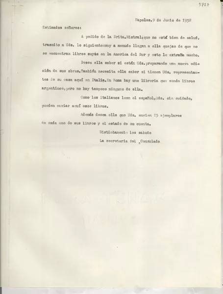 [Carta] 1952 jun. 9, Nápoles, [Italia] [a] Estimados señores  [manuscrito] La secretaria del consulado.