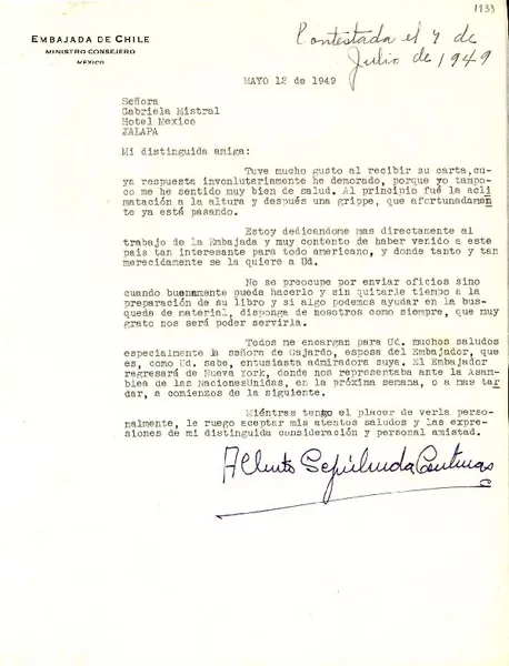 [Carta] 1949 mayo. 12, [México] [a] Gabriela Mistral, Jalapa  [manuscrito] Alberto Sepúlveda Contreras.