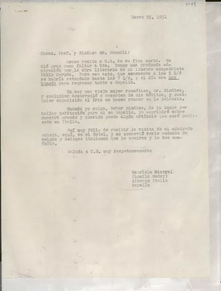 [Carta] 1951 ene. 25, Rapallo, [Italia] [al] Profe[sor] [Gelasio] Adamoli  [manuscrito] Gabriela Mistral.