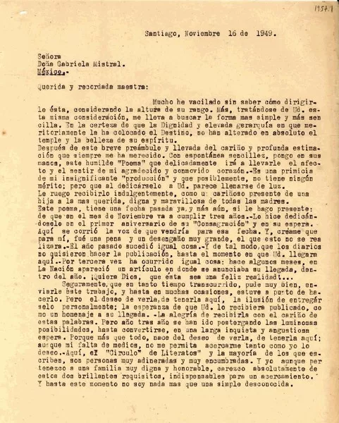 [Carta] 1949 nov. 16, Santiago, Chile [a] Gabriela Mistral, México  [manuscrito] María Angélica Santos.