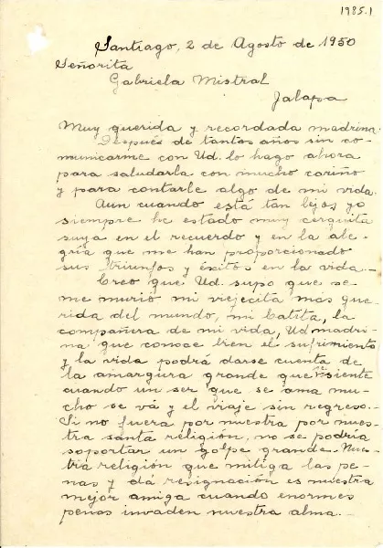 [Carta] 1950 ago. 2, Santiago, [Chile] [a] Gabriela Mistral, Jalapa, [México]  [manuscrito] Hilda Guerrero Valdés.
