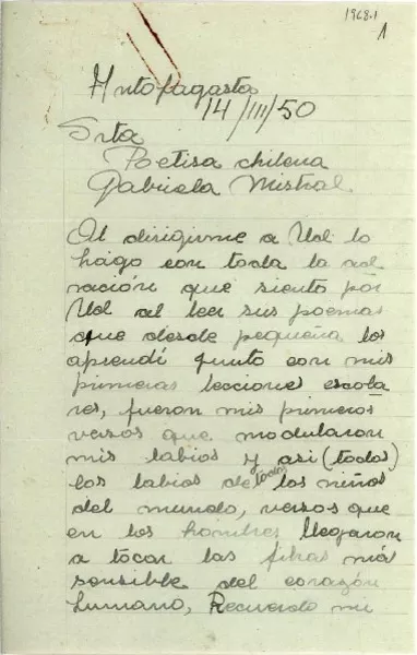 [Carta] 1950 mar. 14, Antofagasta [a] Gabriela Mistral  [manuscrito] Laura Pinto Galleguillos.